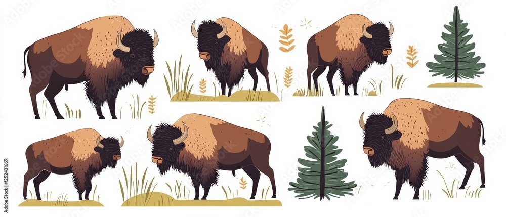 Aufkleber set of flat style vector illustrations featuring bison in natural habitat with trees and grass eleme