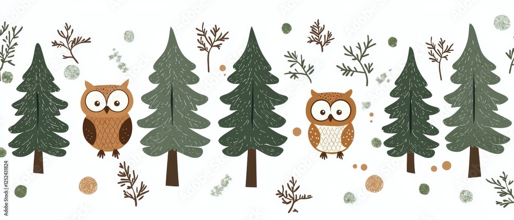 Aufkleber charming flat style vector illustrations of owls and trees in a forest setting perfect for various d