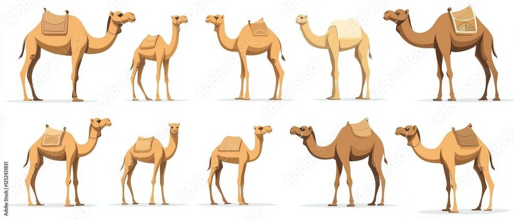 Aufkleber set of flat style vector illustrations featuring various camel designs in different poses and colors