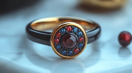Elegant Gold Ring with Red and Blue Stones on a White Surface. Generative AI