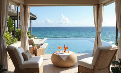 Obraz premium Tropical Resort Poolside A private cabana with plush lounge chairs, tropical drinks on the side, and a serene infinity pool overlooking the ocean,