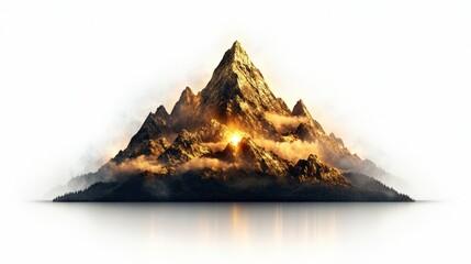 Mountain silhouette with light emanating from peak during sunset creating a dramatic landscape scene
