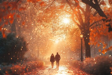 Beautiful Autumn and Winter Date in the Park Couple Embracing Happiness and Love Together Outdoor