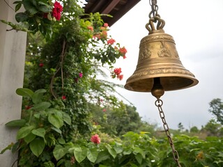 A golden hanging a golden indian traditional bell from the top with a chain, with lush green foliage and flowers isolated on transparent 
