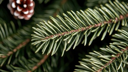 Close-up Christmas tree branch, pine cone, festive background