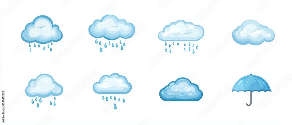 Wall mural set of flat vector illustrations featuring various cloud designs and umbrella for weather-related th