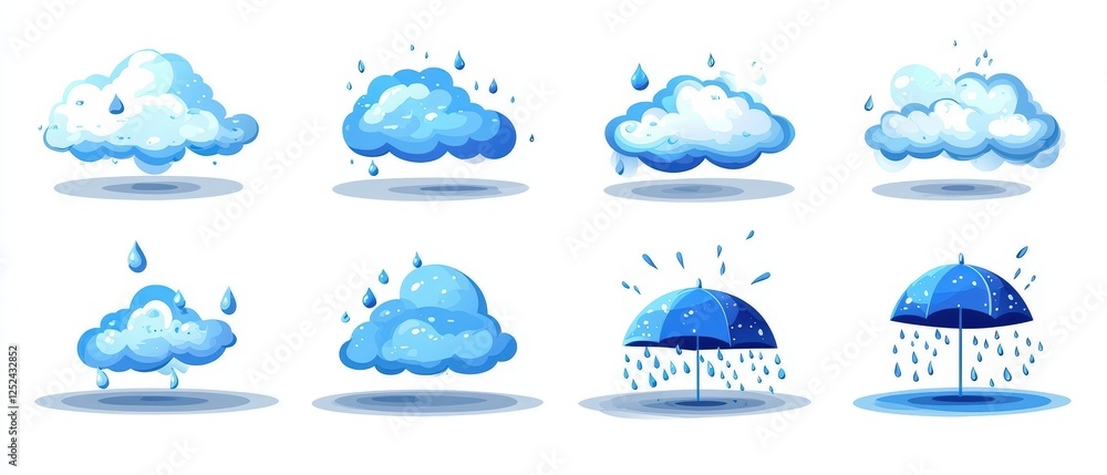 Poster set of vector illustrations of clouds and umbrella in flat style with raindrops and water droplets
