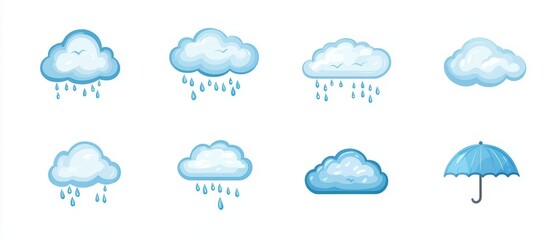 Set of Flat Vector Illustrations Featuring Various Cloud Designs and Umbrella for Weather-Related Themes