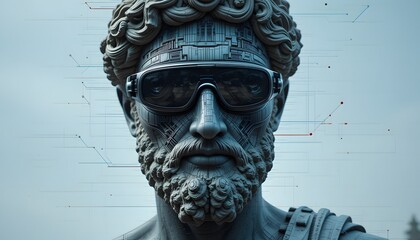 Obraz premium Cyberpunk Sculpture with Futuristic Goggles and Intricate Beard Design, Perfect for Technology and Innovation Themes