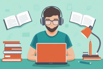 Young Man Working with Laptop Surrounded by Books and Notebooks in a Cozy Study Environment