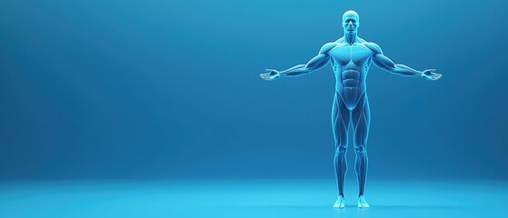 Obraz premium Blue Ray Visualization of Human Body with Visible Muscles and Head in an Artistic Pose Against a Blue Background