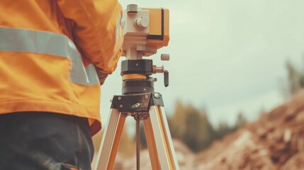 A close-up of a surveyor using a theodolite to measure land contours on a construction project, Land surveying scene, Geospatial analysis style