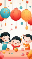 Fototapeta premium Cheerful Children Celebrating with Colorful Lanterns and Delicious Treats in a Festive Atmosphere