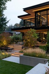 Modern house exterior at dusk with landscaped yard for upscale residential living