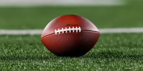 A close-up of a brown football resting on green turf, highlighting its texture and stitching against a blurred background.