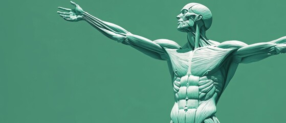 Highly Detailed Human Body Model Showcasing Muscles and Anatomical Features in Emerald Green Background