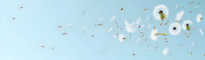Fototapeta premium Dandelion seeds blow, light blue