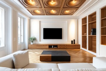 Modern living room, Parisian apartment, herringbone floors, wooden accents, coffered ceiling