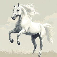 Obraz premium Majestic white horse rearing, meadow, clouds, freedom, equestrian art