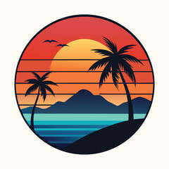 Abstract colorful summer beach, palm tree, retro, 80s style logo vector illustration 