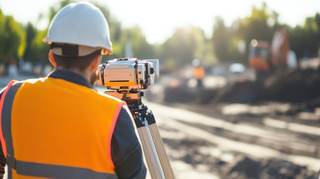 A close-up of a surveyor using laser scanning equipment to map out excavation sites for a large-scale infrastructure project, Infrastructure excavation scene, Surveying technology style