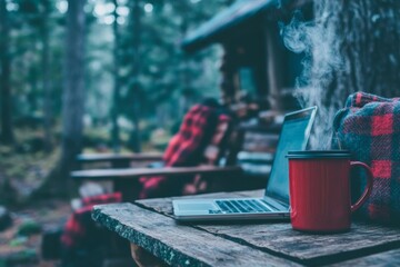 Serene Workspace in the Woods: Laptop, Coffee, and Cabin Retreat