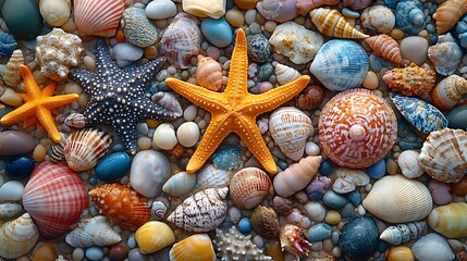 Colorful coastal treasures including bright starfish and smooth shells placed on golden shore at low tide