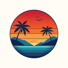  Abstract colorful summer beach, palm tree, retro, 80s style logo vector illustration 