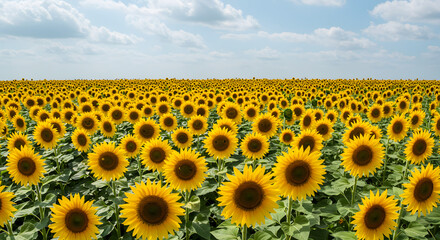 Obraz premium Vibrant Sunflower Field Under a Blue Sky with Puffy White Clouds