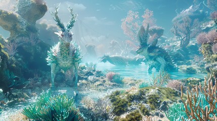 Two fantastical creatures in a blue, water-filled landscape.