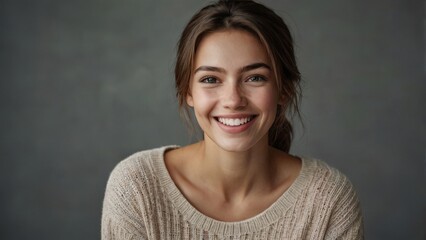 Portrait of a Young Woman Smiling Warmly in a Cozy Sweater Against a Soft Gray Backdrop. Generative AI