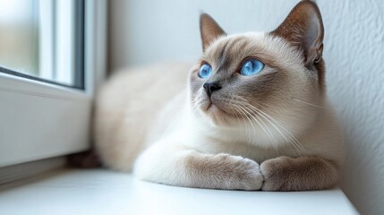 A cute cat resting by the window with blue eyes. Generative AI