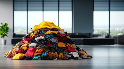 Heap of discarded clothing in landfill representing fast fashion waste and environmental impact