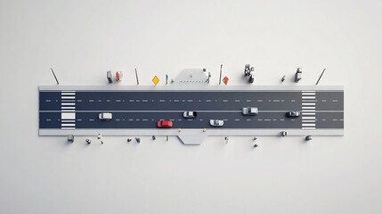 Overhead view of a miniature road with various cars, street signs and pedestrians on a white background