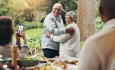 Old couple, dancing and outdoor phone for photography, recording passion and love in relationship....
