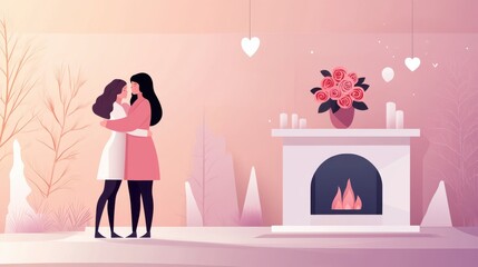 Romantic moment between two women in a cozy, pastel-colored setting with flowers and a fireplace