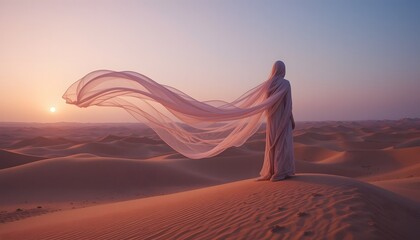 Serene Desert Sunset with Flowing Fabric and Silhouetted Figure Capturing Tranquility and Elegance in Vast Sand Dunes