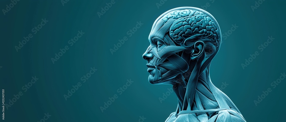 Poster teal human anatomy model showcasing muscles and brain structure in profile view