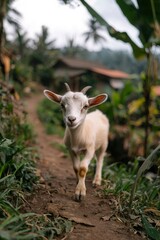 Fototapeta premium Goat walking on a path in a lush rural area, blurry houses and trees background