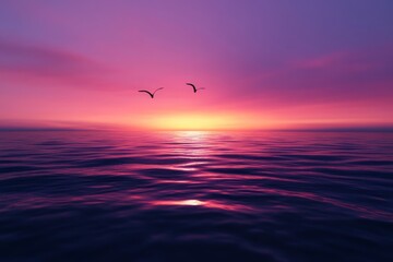 Obraz premium Birds fly over ocean sunset; peaceful scene