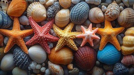 Tidal retreat revealing a stunning collection of colorful starfish and seashells on warm coastal shore
