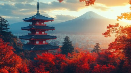 Obraz premium Traditional Japanese Pagoda Surrounded by Autumn Foliage and Mount Fuji in the Background