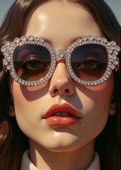Fashionable young woman with elegant sunglasses adorned with rhinestones posing confidently outdoors
