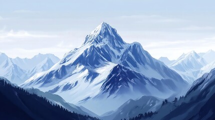 Majestic snow-capped mountain peak with layers of valleys under cloudy sky