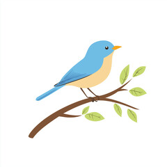 A bluebird perched on a branch with leaves, vector style art with a clean design and a white background