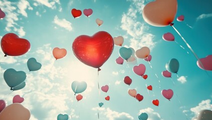 Heart-Shaped Balloons Soar High in a Sunny Sky, Colorful Celebration Ascends Joyfully, Romantic Atmosphere.