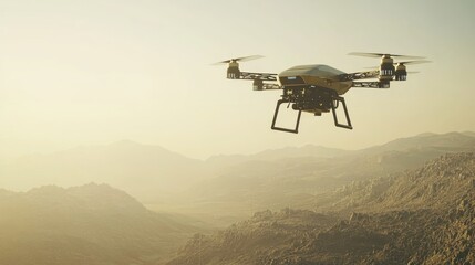Drone Hovering Over Medical Evacuation Landscape at Sunset