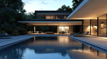 Fototapeta premium Modern house pool dusk luxury backyard design