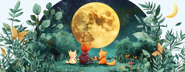 A whimsical scene featuring animal friends gazing at a large moon amidst a vibrant, leafy landscape, evoking a sense of wonder and tranquility.