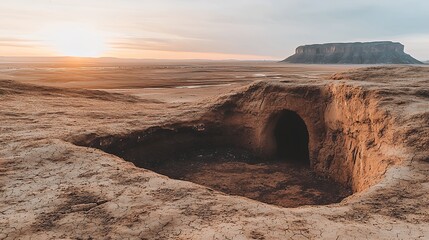 Fototapeta premium Sunset over Desert Cave Entrance with Mesa in Background